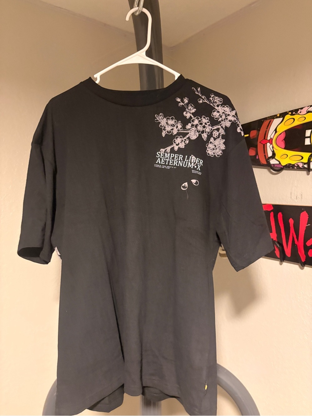 Black Graphic Tee with White Floral Print - Unbranded